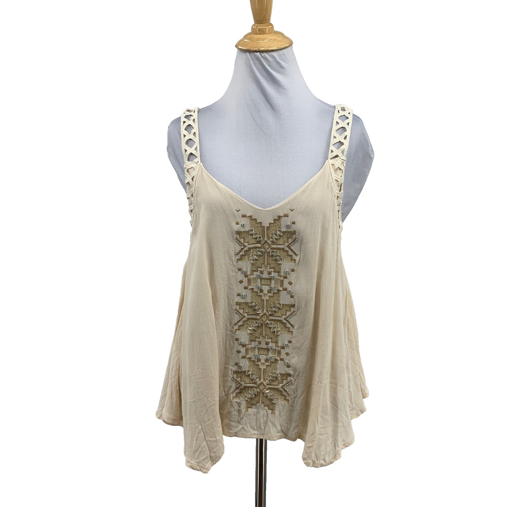 Miss Me Top Womens S Small Beige Embroidered Lattice Cut Straps Asymmetrical Hem